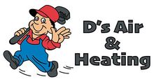 Cartoon handyman logo with red cap and blue overalls beside text &ldquo;D&rsquo;s Air & Heating&rdquo;