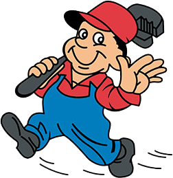 Cartoon plumber in red shirt and blue overalls, smiling and waving a hammer while walking.