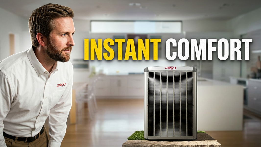 Man in white shirt beside a portable air conditioner with “INSTANT COMFORT” text in a bright room
