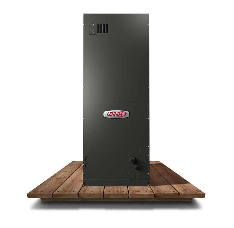 Tall dark gray Lennox HVAC cabinet on a wooden pallet