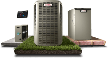 Three HVAC units displayed on pedestals, including a large central gray unit on grass.