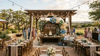 Floral shower décor rental setup under a Texas pavilion