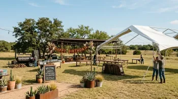 Event rental tables and décor being set up for a gathering in Texas