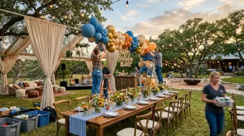 Balloon and table décor rentals being set up for a celebration in Texas