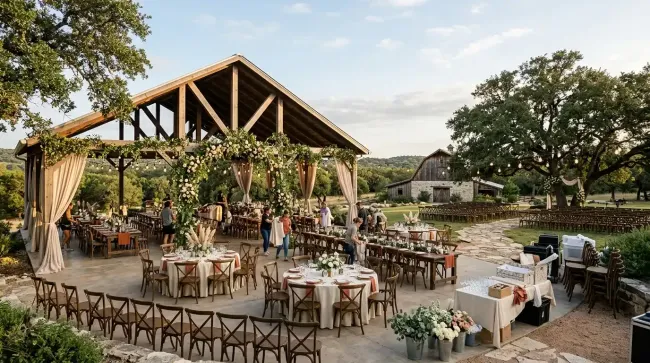 Wedding décor rentals being set up at an outdoor Texas venue