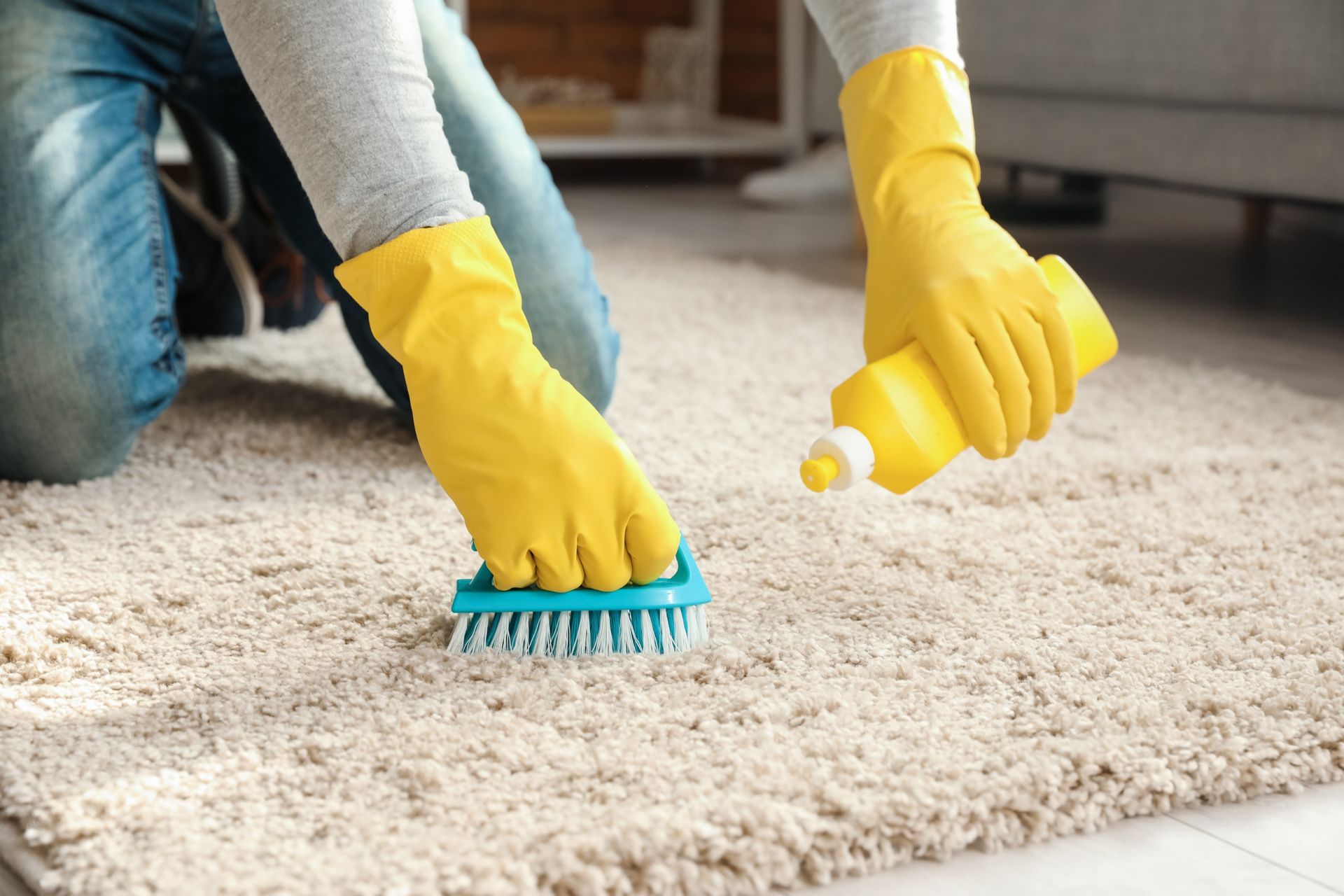 Person cleaning a carpet with a blue brush while wearing yellow gloves