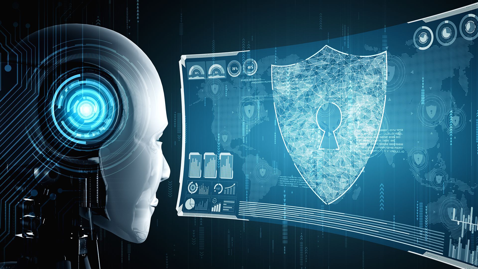 A robot is looking at a screen with a shield on it.