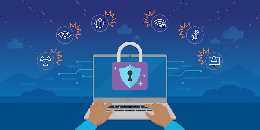 A person is using a laptop computer with a padlock on the screen.