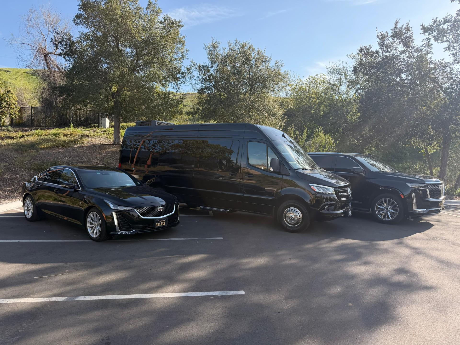 Three parked vehicles in a lot: a black sedan, black van, and black SUV, with trees in the background.