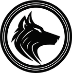 Black wolf head logo inside a double circular border on a white background