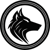 Black wolf head logo inside a double circular border on a white background
