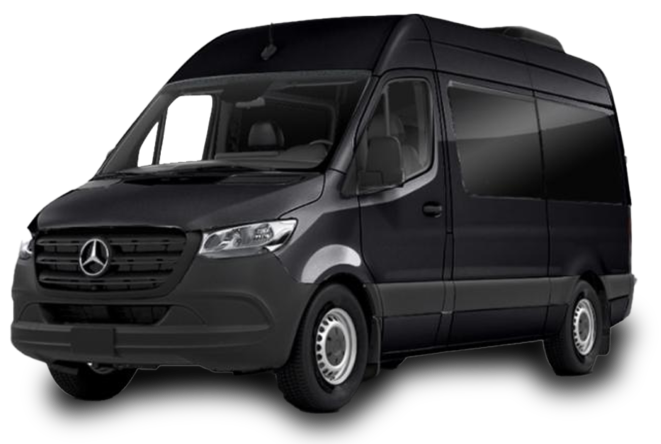A black van with the door open on a white background.