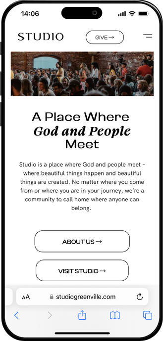 Studio Church's website homepage displayed on mobile