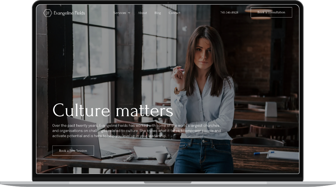 Evangeline Fields website template displayed on desktop