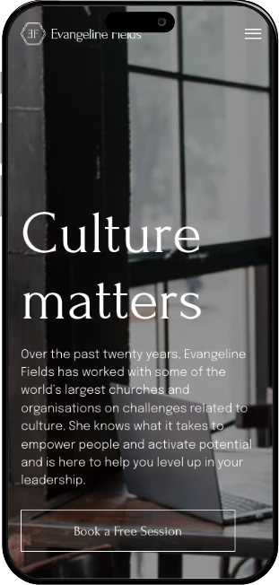 Evangeline Fields website template displayed on mobile
