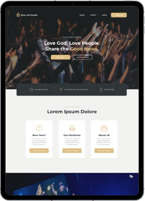 New Life Church website template displayed on tablet