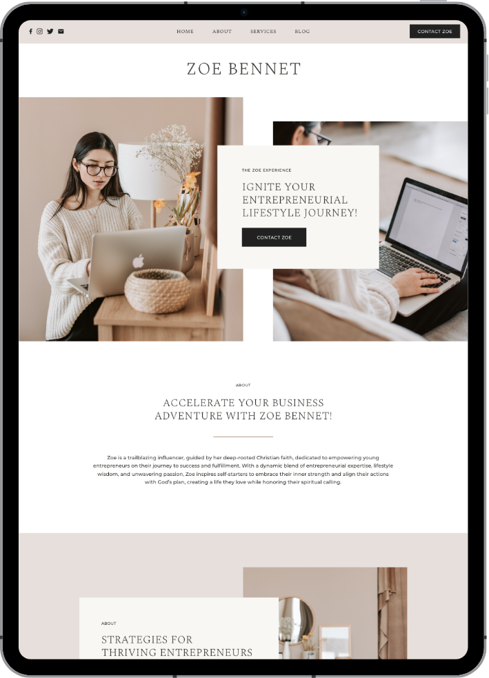 Evangeline Fields website template displayed on tablet