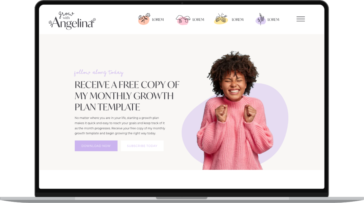 Grow with Angelina website template displayed on desktop