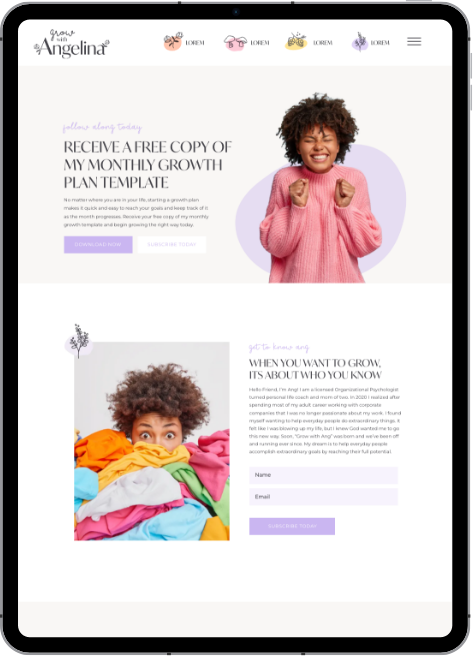 Grow with Angelina website template displayed on tablet