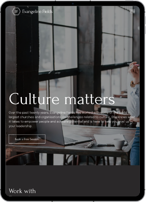 Evangeline Fields website template displayed on tablet
