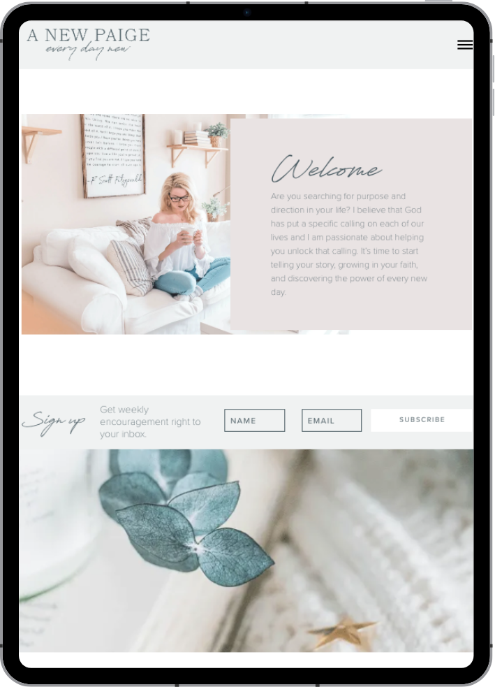 A New Paige website template displayed on tablet