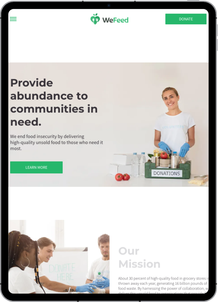 We Feed website template displayed on tablet