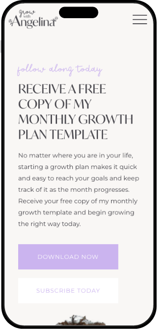 Grow with Angelina website template displayed on mobile