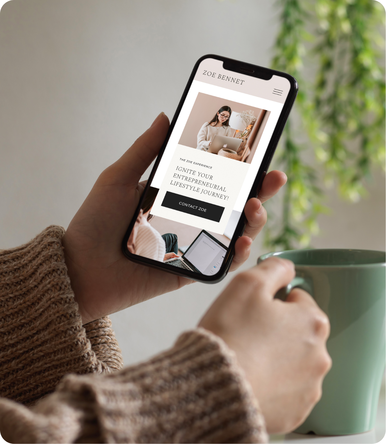 Evangeline Fields website template displayed on mobile as man holds cellphone