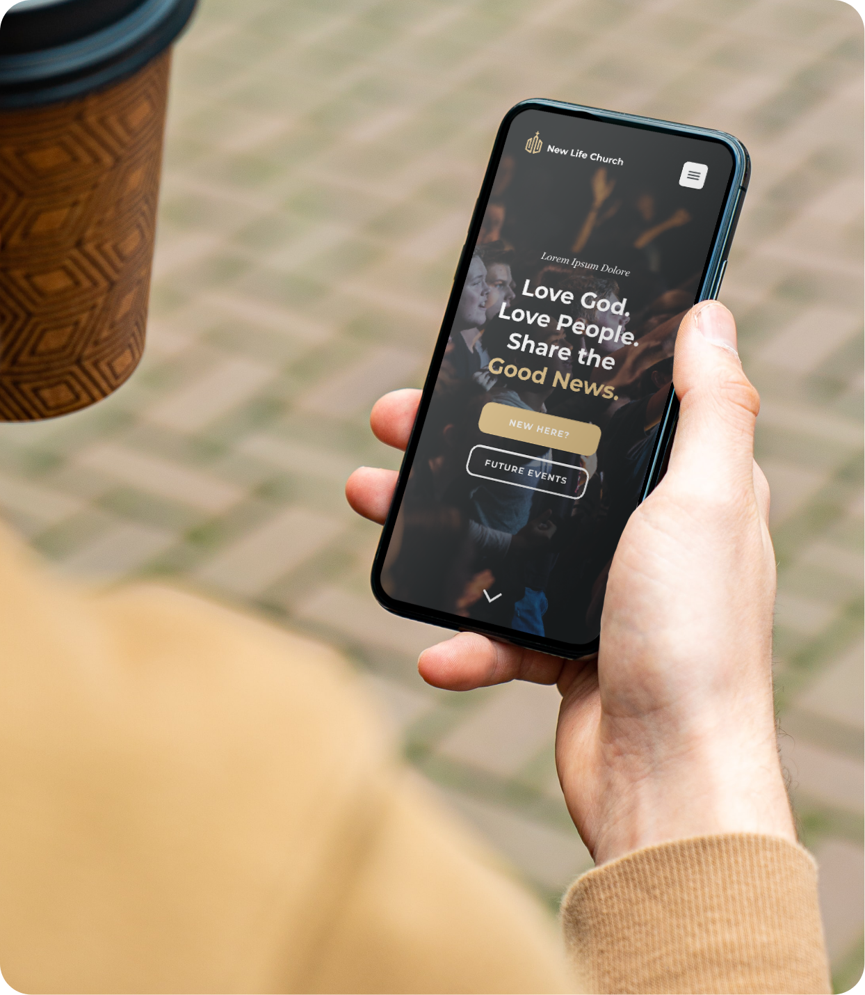 new life church website template displayed on mobile as man hold cellphone