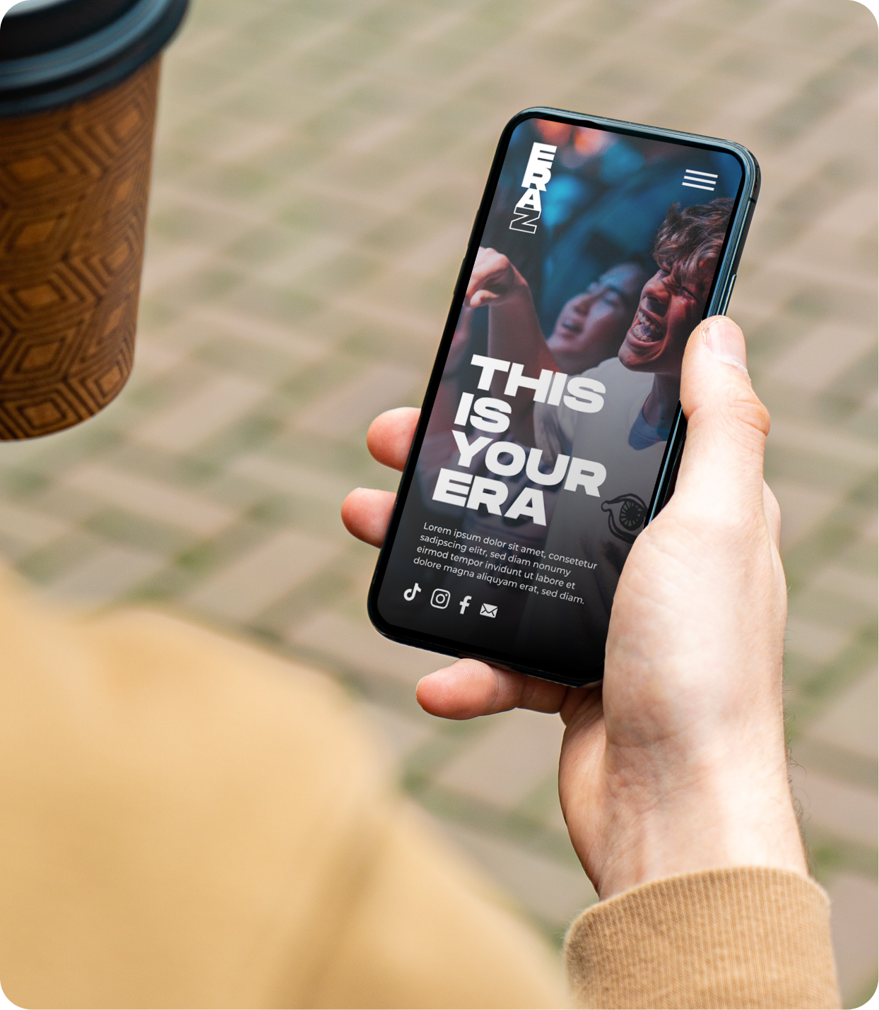 Era Z website template displayed on mobile as man hold cellphone