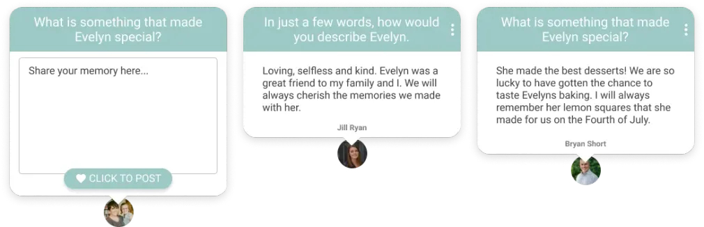 Interactive memory board with condolences and messages remembering Evelyn from family and friends