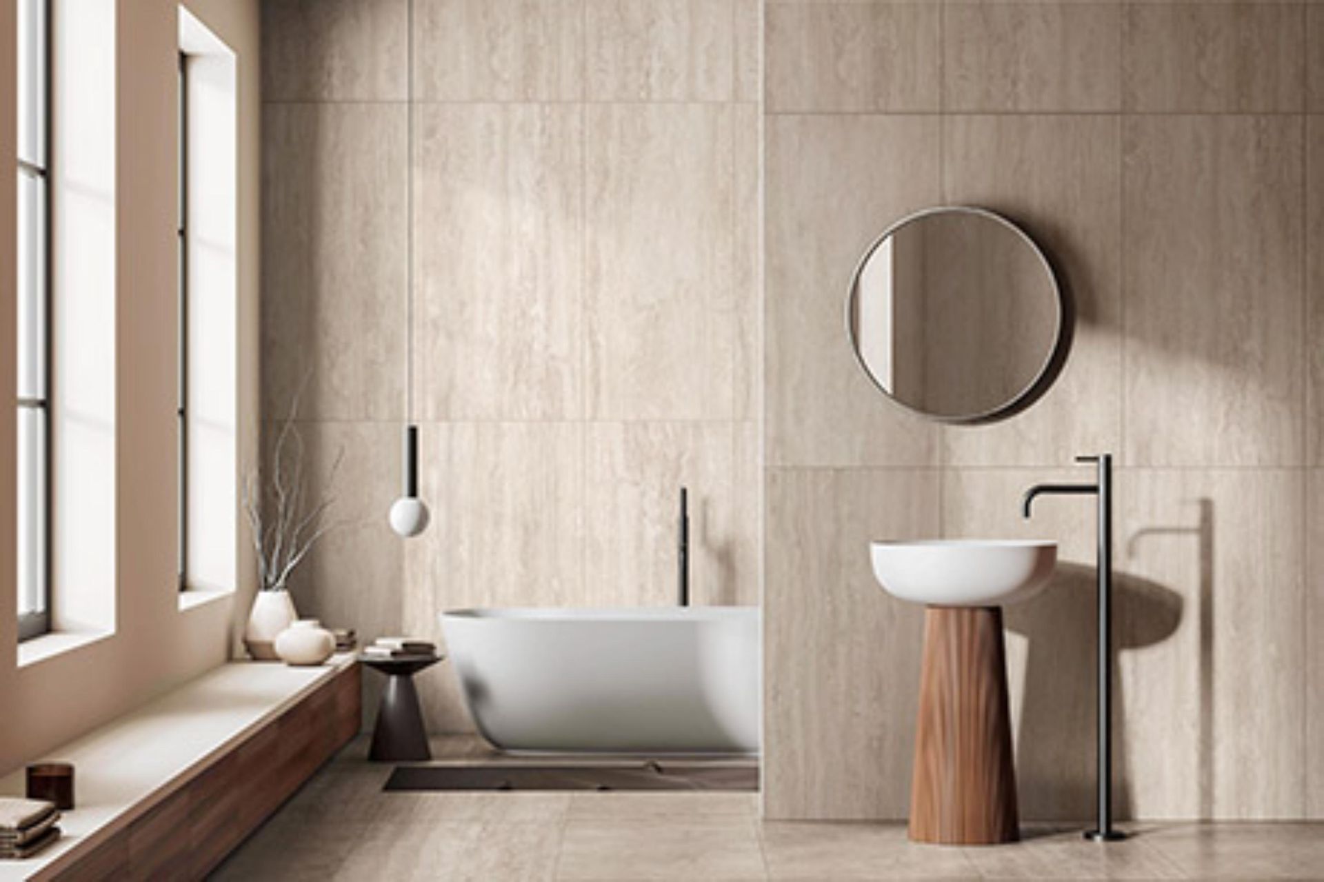 Un bagno con vasca, lavabo, specchio e finestra.