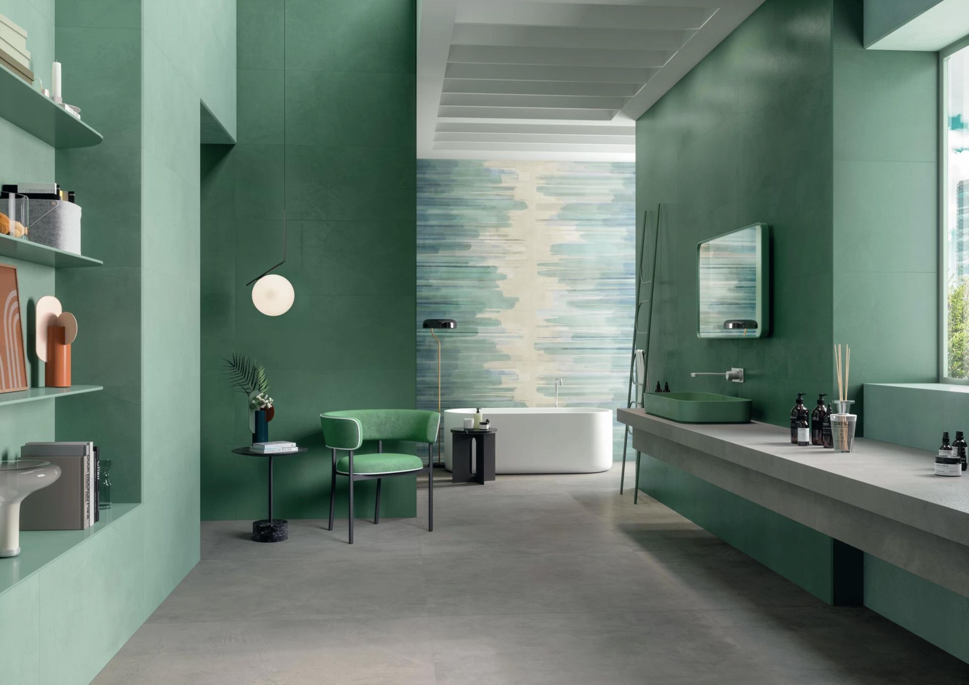 Un bagno con pareti verdi, un lavandino, una sedia e una vasca.