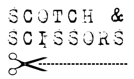 Black-and-white “Scotch & Scissors” text with a scissors icon cutting along a dashed line.