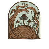 Illustration of a whimsical forest scene in brown and green with twisting trees, mushrooms, and a rounded arch frame