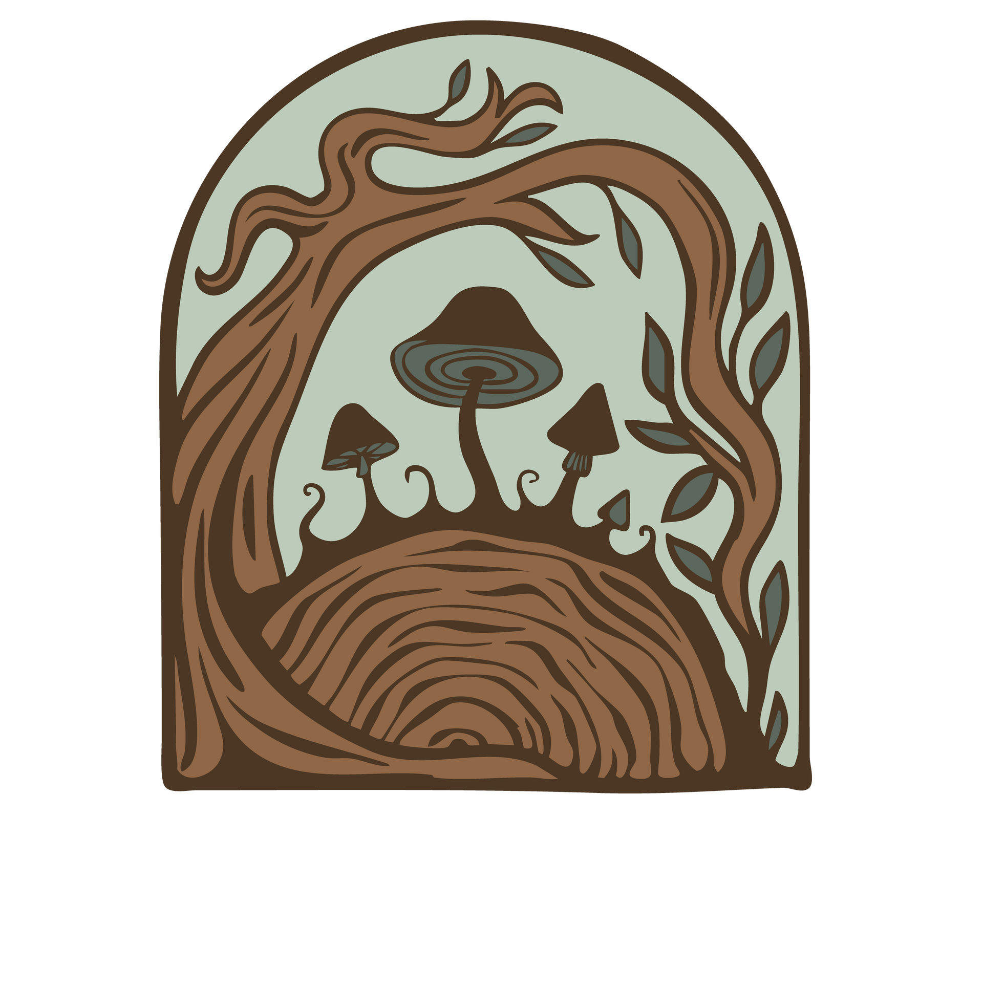 Illustration of a whimsical forest scene in brown and green with twisting trees, mushrooms, and a rounded arch frame