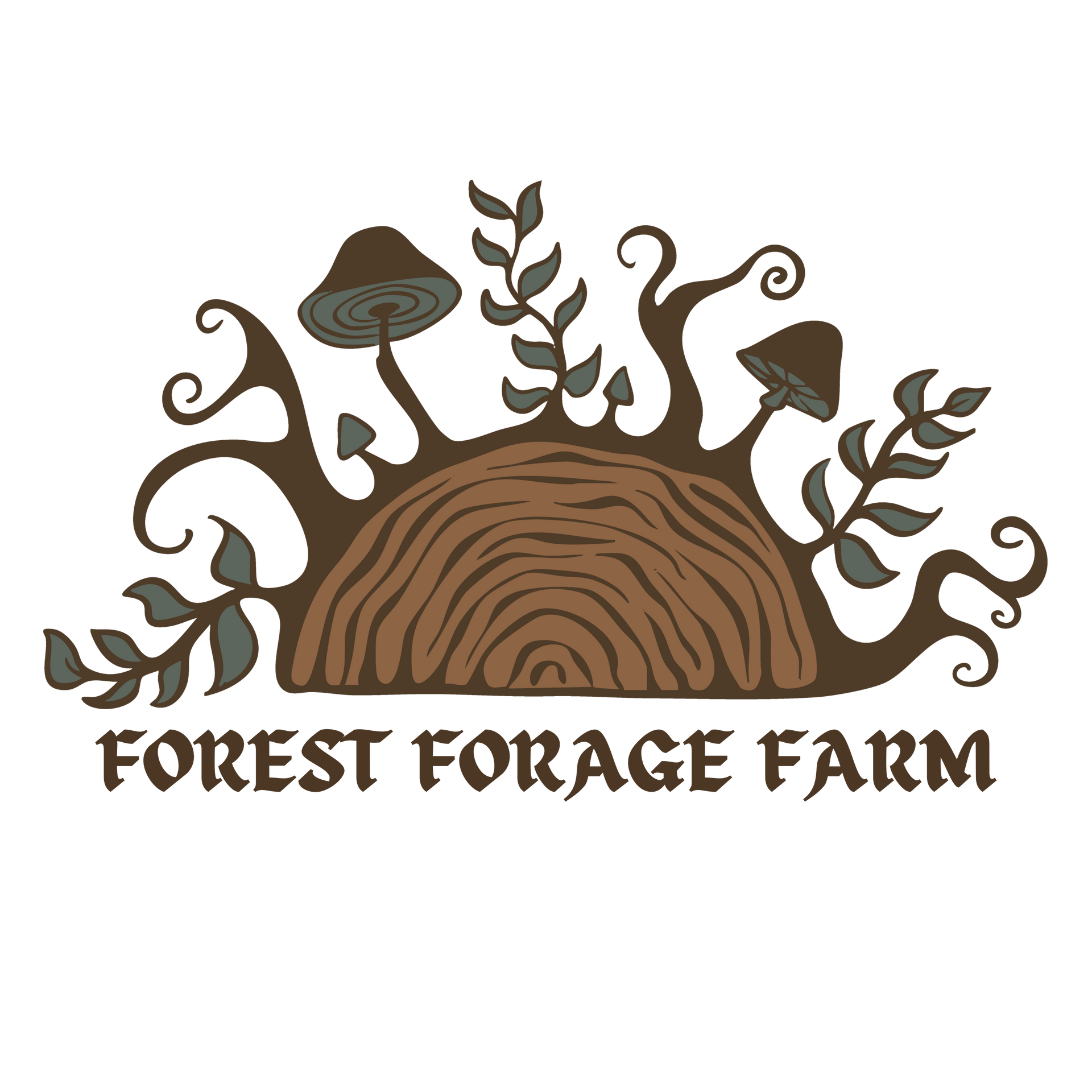 Forest Forage Farm logo with brown tree roots, leaves, mushrooms, and cursive text on white background