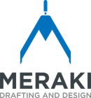 A blue and black logo for meraki drafting and design
