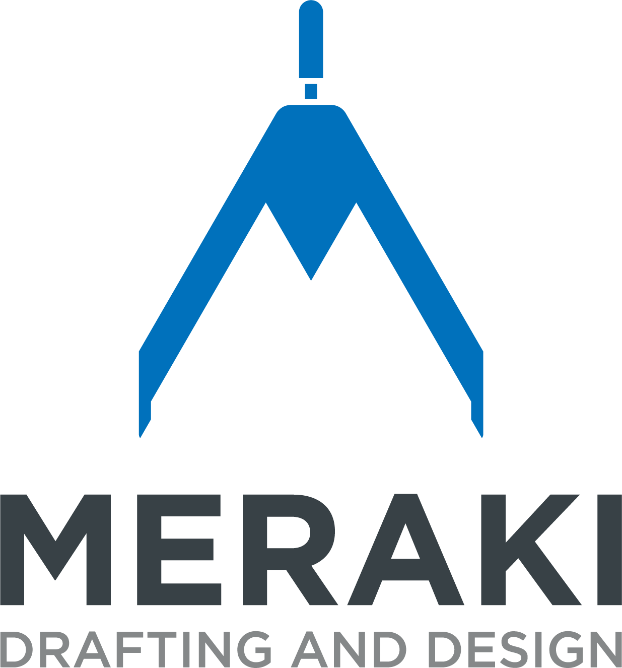 A blue and black logo for meraki drafting and design