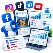 3D agency for digital marketing illustration of social media performance.
