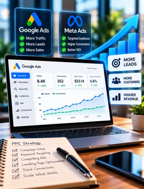 PPC advertising strategy from the best digital marketing agency in usa, featuring Google Ads, Meta Ads, and lead generation.