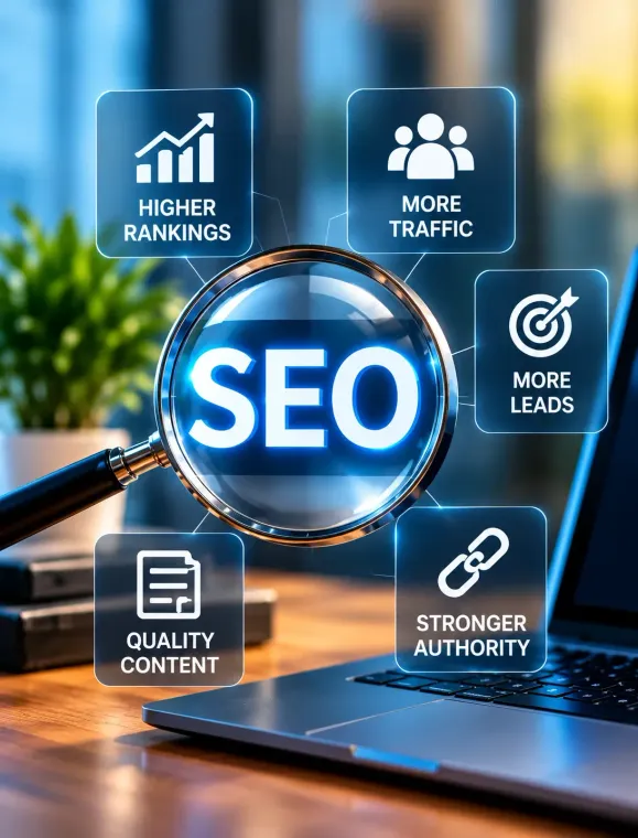 SEO growth illustration for a best digital marketing agency, highlighting rankings, traffic, and leads.