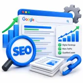 3D illustration of data driven digital marketing agency SEO analytics and search rankings.