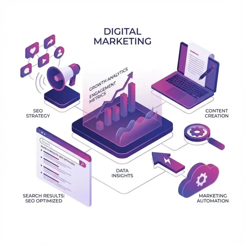 3D illustration of a full service digital marketing agency strategy.