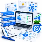 3D marketing digital agency illustration of content strategy and topical authority.