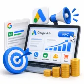 3D illustration of online digital marketing with PPC advertising, Google Ads, and lead generation.