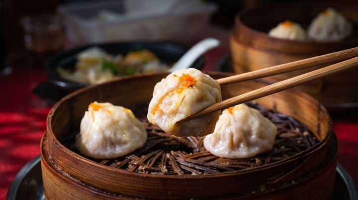 Steamed dumplings on a bamboo basket, with chopsticks lifting one in a dim restaurant setting