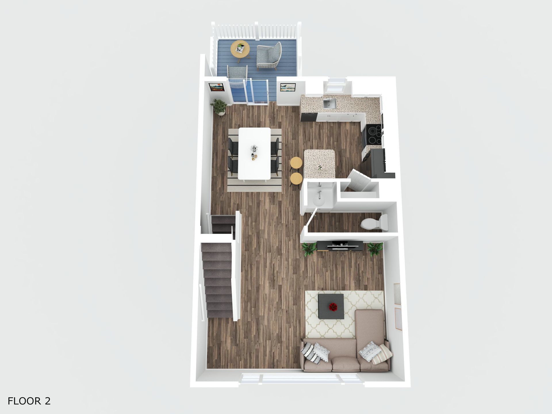 A 3d floor plan of a house with a living room , dining room , and kitchen. - 268 Sruthi Drive