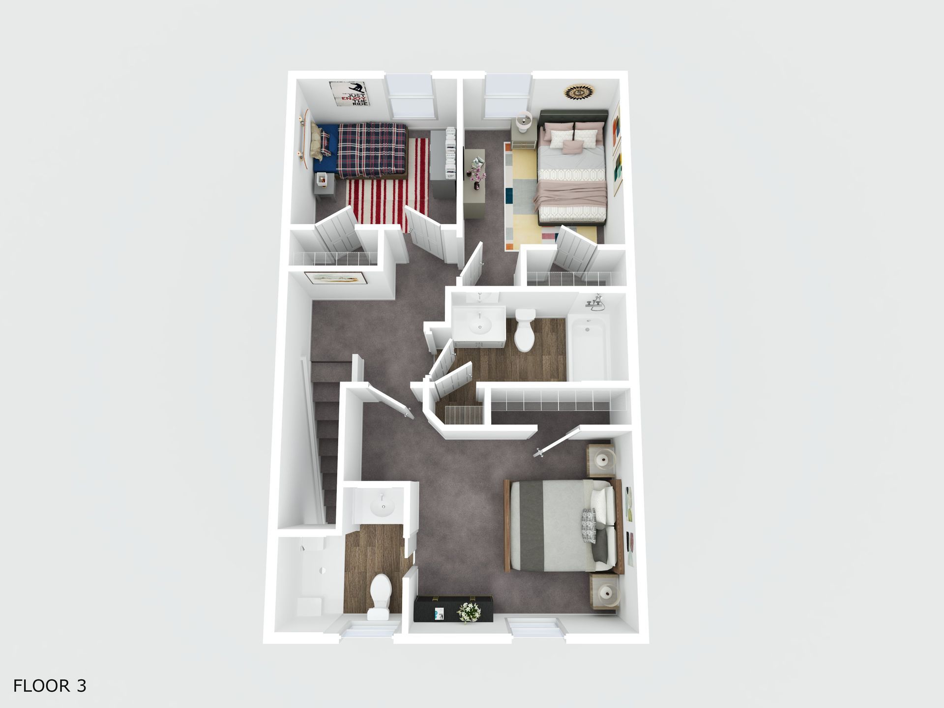 A 3d floor plan of a house with a bedroom , bathroom , and stairs. - 272 Sruthi Drive