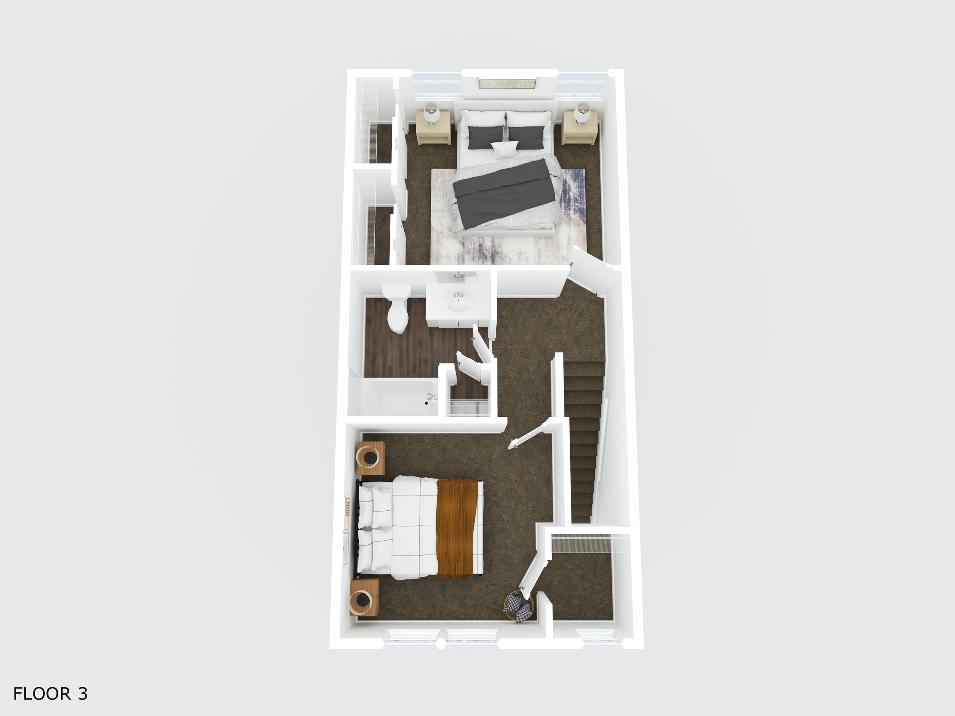 A 3d floor plan of a house with a bedroom , living room , and stairs. - 430 Lindsay Drive